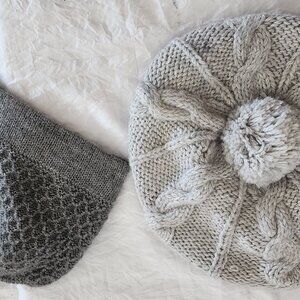 Alpaca caps set.  beannie and beret hand knitted new GRAY
